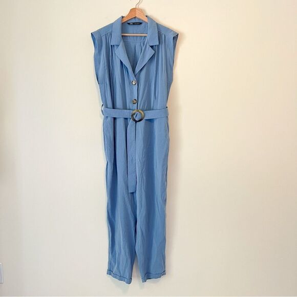 Zara Belted Jumpsuit in Blue Size Large Sleeveless - Picture 3 of 11